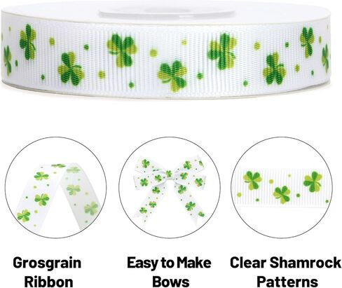 KINGLAKE St Patrick's Day Ribbon - 5/8'' x 20 Yds Shamrocks Clover Grosgrain Ribbon with Polka Dot for Gift Wrapping Wreath White Green Ribbons for DIY Crafts Sewing St. Patricks Day Party Decorations in Saudi Arabia
