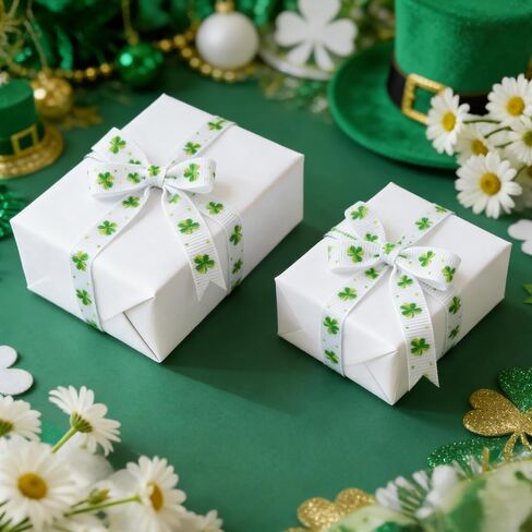 KINGLAKE St Patrick's Day Ribbon - 5/8'' x 20 Yds Shamrocks Clover Grosgrain Ribbon with Polka Dot for Gift Wrapping Wreath White Green Ribbons for DIY Crafts Sewing St. Patricks Day Party Decorations in Saudi Arabia
