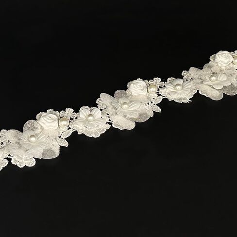 1 Yard Vintage Flower White Pearl Bead Lace Trim Ribbon Floral Appliques Embroidered Lace Fabric for Sewing Craft Wedding Bridal Dress Clothes Costume Hat Decoration (White, 1 Yard) in Saudi Arabia