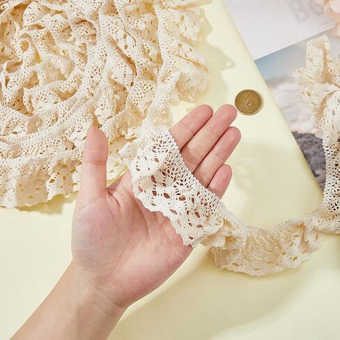 5 Yards Beige Ruffle Lace Trim Cotton Wheat Lace Ribbon Hollow Vintage Sewing Pleated Trim Ribbons for Clothes Apparel Home Decor Wedding Dress Fabric Crafts in Saudi Arabia