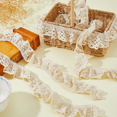 5 Yards Beige Ruffle Lace Trim Cotton Wheat Lace Ribbon Hollow Vintage Sewing Pleated Trim Ribbons for Clothes Apparel Home Decor Wedding Dress Fabric Crafts in Saudi Arabia