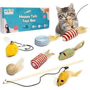 Natural Cat Toys Set, Eco-Friendly Interactive Toys with Feather Mice, Fiber Balls, Wand & Teething Toys | Gift for Cats & Kittens in Kuwait