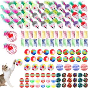 150 Pcs Cat Supplies Bulk Variety Pack, Interactive Kitten Ball Set with Mice Rainbow Balls Spring Crinkle Balls Gift for Kitty Kitten Cat Indoor Teething in Kuwait