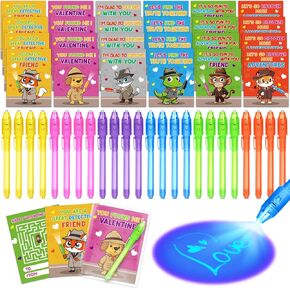 24 Pack Valentines Cards for Kids with Invisible Ink Pens, Valentine's Greeting Cards for Kids School Classroom Valentine's Gifts Exchange, Magic Spy Pen Valentines Party Favors Prizes for Girls Boys in Saudi Arabia