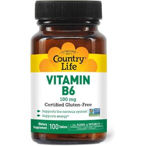 Country Life Vitamin B-6, Supports Energy and The Nervous System, 100mg, 100 Vegan Capsules, Certified Gluten Free, Certified Vegan, Certified Halal, Non-GMO Verified in Kuwait