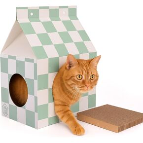 Cardboard Cat House with Scratch Pad – Durable, Eco-Friendly Hideaway, Easy Assembly, Stylish Cotton Candy Checkered Design, Indoor Pet Furniture, for Cat Lovers in Kuwait
