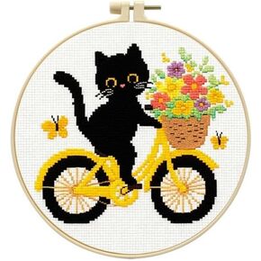 مجموعات التطريز للمبتدئين من LSLFQYQSK - مجموعات غرز متقاطعة لطيفة للقطط الصغيرة، بما في ذلك أنماط الزهور المختومة والطوق وخيوط الألوان والأدوات (النمط C) in Kuwait