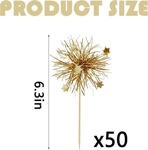 50Pcs Cupcake Toppers, Sparkle Tinsel Drink Stirrers for Happy Birthday Cake Decorations Wedding and Party Supplies (Golden) in Saudi Arabia