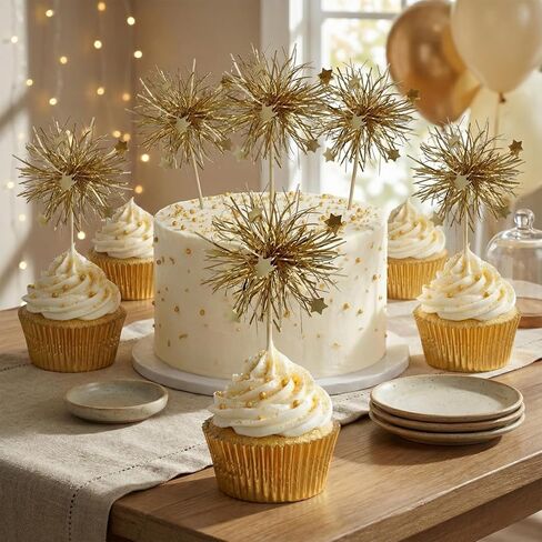 50Pcs Cupcake Toppers, Sparkle Tinsel Drink Stirrers for Happy Birthday Cake Decorations Wedding and Party Supplies (Golden) in Saudi Arabia