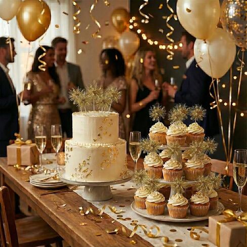 50Pcs Cupcake Toppers, Sparkle Tinsel Drink Stirrers for Happy Birthday Cake Decorations Wedding and Party Supplies (Golden) in Saudi Arabia