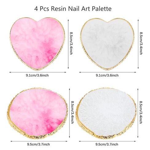 4 قطع لوحة فنية للأظافر من الراتنج، صينية خلط طلاء الأظافر بحافة ذهبية، لوحة عرض فنية للأظافر، حامل طلاء الأظافر لتصميم الأظافر، أدوات المانيكير لفناني الأظافر (على شكل قلب أبيض وردي) in Kuwait
