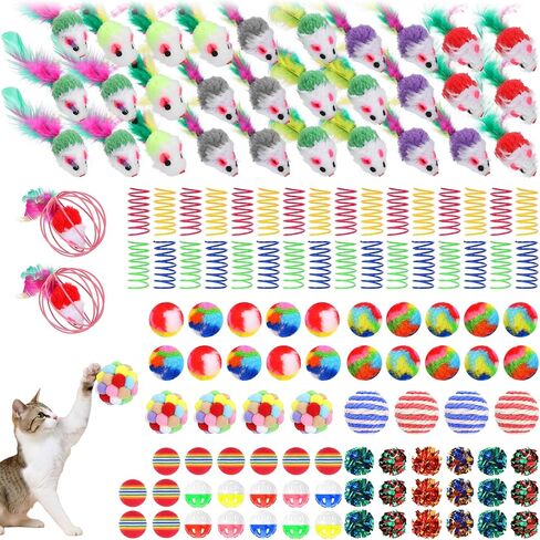 150 Pcs Cat Supplies Bulk Variety Pack, Interactive Kitten Ball Set with Mice Rainbow Balls Spring Crinkle Balls Gift for Kitty Kitten Cat Indoor Teething in Kuwait