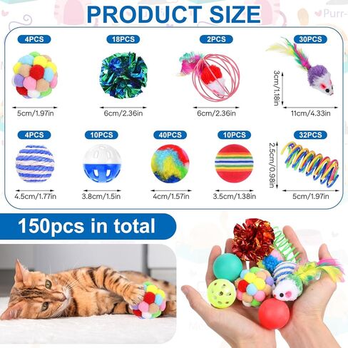150 Pcs Cat Supplies Bulk Variety Pack, Interactive Kitten Ball Set with Mice Rainbow Balls Spring Crinkle Balls Gift for Kitty Kitten Cat Indoor Teething in Kuwait
