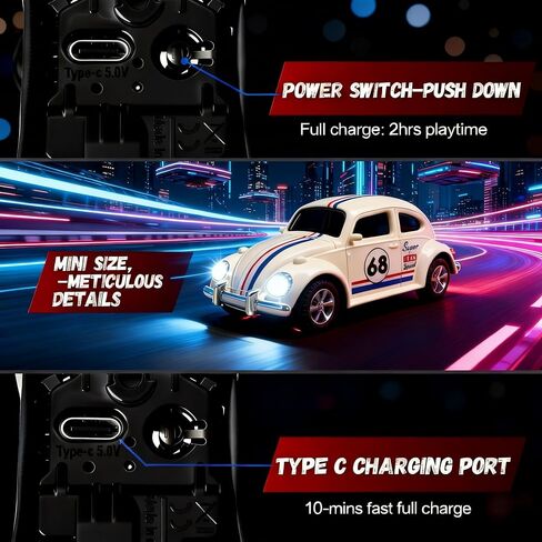Mini Retro RC Car, 1/64 Scale Mini Beetle Car, 2.4Ghz & APP Remote Control (White) in Saudi Arabia