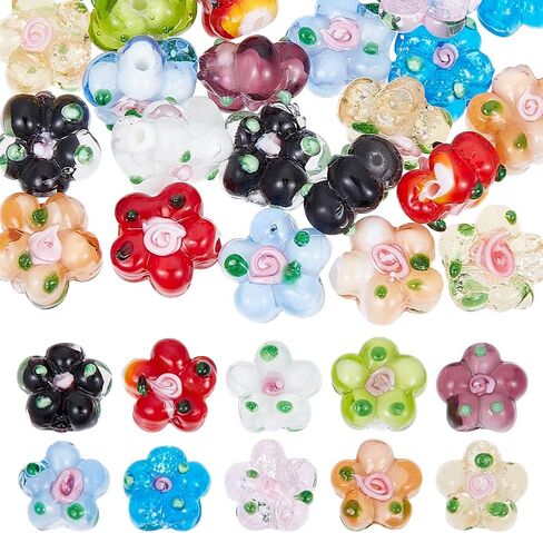 SUNNYCLUE 1 صندوق 40 قطعة 10 ألوان زهرة الخرز Lampwork الزجاج حبة عدة ملونة شفافة لامعة الزهور الزهور سحر فاصل فضفاض الخرز اليدوية لصنع المجوهرات سوار قلادة النساء البالغات in Kuwait