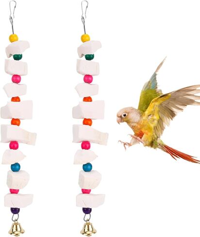 2pcs Bird Chew Toys with Calcium Cuttlebone Cuttlefish & Beak Grinding Stone, Natural Perch Cage Accessories for Parakeets, Budgies, Cockatiels Conure Parrot Lovebirds & Small to Medium Birds in Saudi Arabia