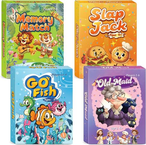 ألعاب الورق للأطفال: Go Fish، وOld Maid، وSlap Jack، وMemory Match - 4 مجموعات في حزمة واحدة. ألعاب ورق كلاسيكية للأطفال لقضاء أمسية عائلية، مثالية للأطفال الصغار والأطفال in Kuwait