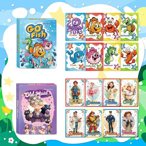 ألعاب الورق للأطفال: Go Fish، وOld Maid، وSlap Jack، وMemory Match - 4 مجموعات في حزمة واحدة. ألعاب ورق كلاسيكية للأطفال لقضاء أمسية عائلية، مثالية للأطفال الصغار والأطفال in Kuwait
