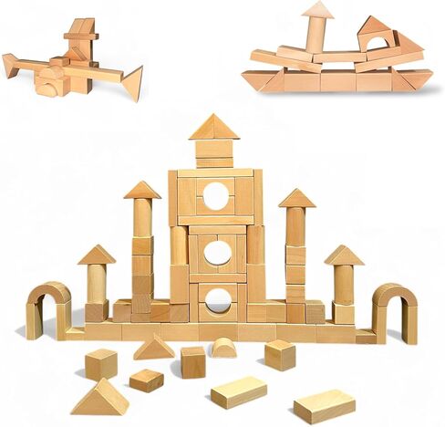 مجموعة مكعبات بناء خشبية كاملة من MOD مكونة من 100 قطعة - تشتمل على غطاء شديد التحمل لفرز الأشكال ودلو تخزين ومكعبات خشبية، لعبة تعليمية خالية من الشاشة للأطفال الصغار من سن 1 2 3 in Kuwait