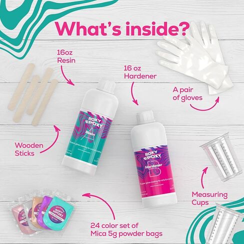 Clear Epoxy Resin Kit with Hardener 32 Oz - 1:1 Part Ratio Arts and Crafts Casting - 24 Mica Powder Pigment Packs, Measuring Cup, Wooden Stirrers and Gloves in Saudi Arabia