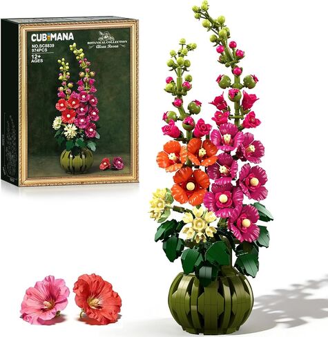 Flowers Botanicals Alcea Rosea Building Set for Adults - Artificial Bonsai Plant for Home Office Décor, 974PCS Flower Building Block Indoor Decoration, Birthday Valentine Gift for Wife Women in Saudi Arabia