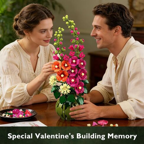 Flowers Botanicals Alcea Rosea Building Set for Adults - Artificial Bonsai Plant for Home Office Décor, 974PCS Flower Building Block Indoor Decoration, Birthday Valentine Gift for Wife Women in Saudi Arabia