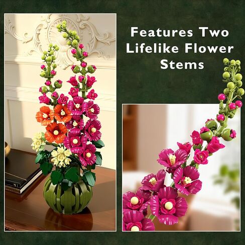 Flowers Botanicals Alcea Rosea Building Set for Adults - Artificial Bonsai Plant for Home Office Décor, 974PCS Flower Building Block Indoor Decoration, Birthday Valentine Gift for Wife Women in Saudi Arabia