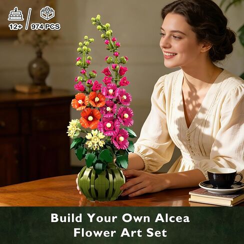 Flowers Botanicals Alcea Rosea Building Set for Adults - Artificial Bonsai Plant for Home Office Décor, 974PCS Flower Building Block Indoor Decoration, Birthday Valentine Gift for Wife Women in Saudi Arabia