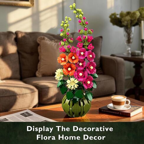 Flowers Botanicals Alcea Rosea Building Set for Adults - Artificial Bonsai Plant for Home Office Décor, 974PCS Flower Building Block Indoor Decoration, Birthday Valentine Gift for Wife Women in Saudi Arabia