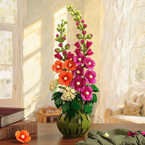 Flowers Botanicals Alcea Rosea Building Set for Adults - Artificial Bonsai Plant for Home Office Décor, 974PCS Flower Building Block Indoor Decoration, Birthday Valentine Gift for Wife Women in Saudi Arabia