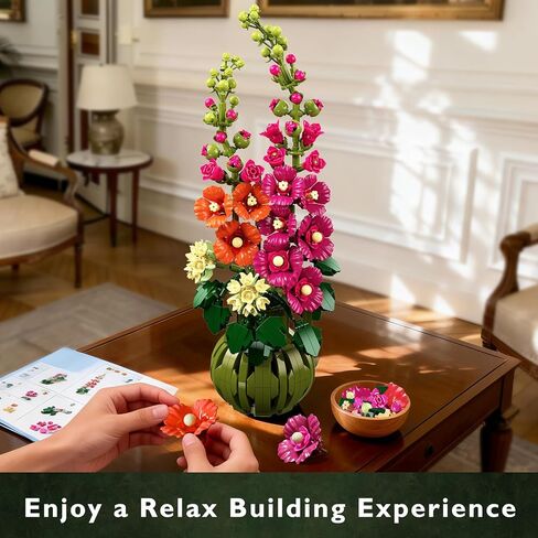 Flowers Botanicals Alcea Rosea Building Set for Adults - Artificial Bonsai Plant for Home Office Décor, 974PCS Flower Building Block Indoor Decoration, Birthday Valentine Gift for Wife Women in Saudi Arabia