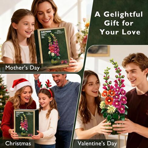 Flowers Botanicals Alcea Rosea Building Set for Adults - Artificial Bonsai Plant for Home Office Décor, 974PCS Flower Building Block Indoor Decoration, Birthday Valentine Gift for Wife Women in Saudi Arabia