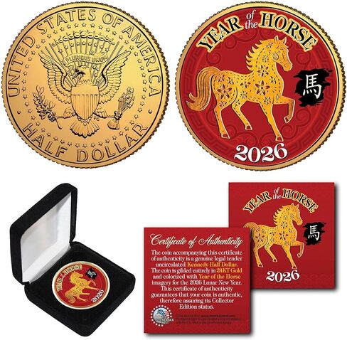 2026 Chinese Lunar New Year of The Horse Gold Plated JFK Kennedy Half Dollar Collectible Coin with Gift Box in Saudi Arabia