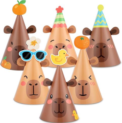 24Pcs Capy Themed Bara Birthday Paper Cone Hats Set Cute Capy Shaped Paper Headwear Party Favors Cute Capy Cone Hats Decorations Cartoon Animal Party Supplies Photo Props for Birthday Baby Shower in Saudi Arabia