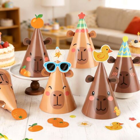 24Pcs Capy Themed Bara Birthday Paper Cone Hats Set Cute Capy Shaped Paper Headwear Party Favors Cute Capy Cone Hats Decorations Cartoon Animal Party Supplies Photo Props for Birthday Baby Shower in Saudi Arabia