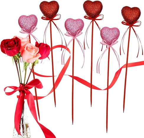 Valentine's Day Glitter Foam Heart Picks with Ribbon - Red Pink Sparkly Puffy Heart Sticks for Flower Arrangements Weddings Party Crafts Decorations,8 Pcs in Kuwait