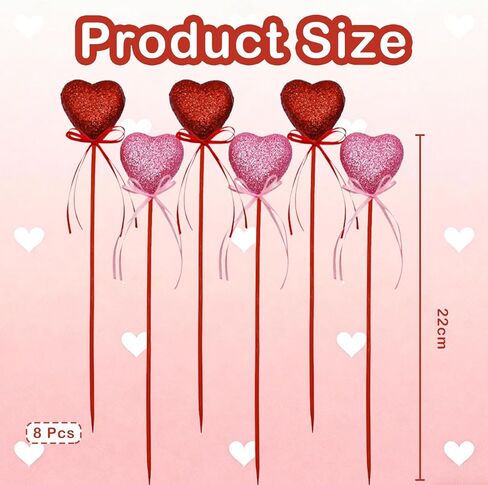 Valentine's Day Glitter Foam Heart Picks with Ribbon - Red Pink Sparkly Puffy Heart Sticks for Flower Arrangements Weddings Party Crafts Decorations,8 Pcs in Kuwait