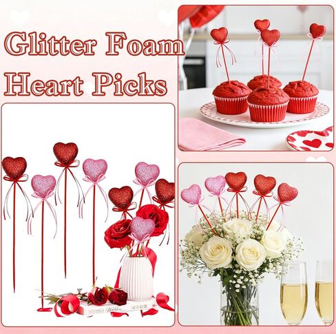 Valentine's Day Glitter Foam Heart Picks with Ribbon - Red Pink Sparkly Puffy Heart Sticks for Flower Arrangements Weddings Party Crafts Decorations,8 Pcs in Kuwait