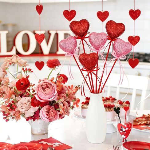 Valentine's Day Glitter Foam Heart Picks with Ribbon - Red Pink Sparkly Puffy Heart Sticks for Flower Arrangements Weddings Party Crafts Decorations,8 Pcs in Kuwait