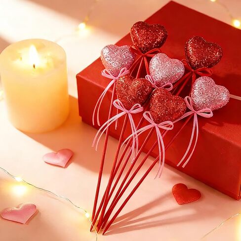 Valentine's Day Glitter Foam Heart Picks with Ribbon - Red Pink Sparkly Puffy Heart Sticks for Flower Arrangements Weddings Party Crafts Decorations,8 Pcs in Kuwait