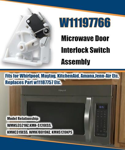 W11197766 Microwave Door Interlock Switch Assembly Fits for Whirlpool, Maytag, KitchenAid,Amana, Jenn-Air Etc,Replaces Part W11187757 Etc in Saudi Arabia