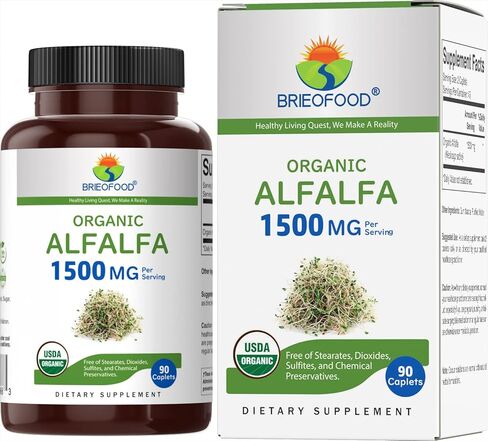 Brieofood Organic Alfalfa 1500mg, 45 Servings, Vegetarian, Gluten Free, 90 Vegetarian Tablets in Kuwait