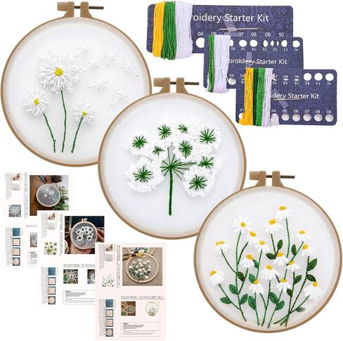 Ovveroche 3 Sets Embroidery Kit for Beginners, Flower Cross Stitch Kits for Adults, Starter, Hand Craft Lover Practice with Floral Stamped Pattern White in Saudi Arabia