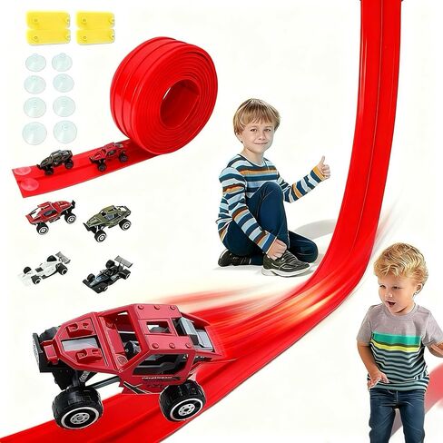 16 Ft Race Track Toys for Kids, Flexible Race Car Ramp Track with 4 Race Cars and 10 Suction Cups, Compatible with Hot Wheels and Diecast 1/64th Cars for Ages 3+ Year Old in Saudi Arabia