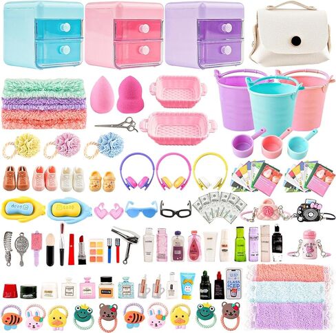 118Pcs Dollhouse Mini Jewelry Storage Case Cosmetic Hand Bag Towel Bathroom Set Accessories Toothbrush Shampoo Purse Decor Doll Backpack Girl Micro Scene Ature Makeup Shoes Glasses Money Mask DIY in Saudi Arabia