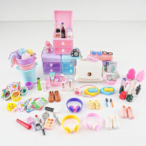 118Pcs Dollhouse Mini Jewelry Storage Case Cosmetic Hand Bag Towel Bathroom Set Accessories Toothbrush Shampoo Purse Decor Doll Backpack Girl Micro Scene Ature Makeup Shoes Glasses Money Mask DIY in Saudi Arabia