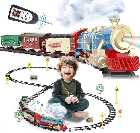 Remote Control Train Set for Kids Ages 3-8, Electric Toy Train with Steam, Lights & Sounds, Includes 17 Tracks & Rechargeable Battery for Indoor Play in Saudi Arabia