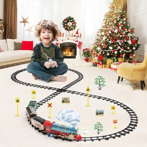 Remote Control Train Set for Kids Ages 3-8, Electric Toy Train with Steam, Lights & Sounds, Includes 17 Tracks & Rechargeable Battery for Indoor Play in Saudi Arabia