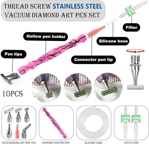 Replacement Kit for Vacuum Diamond Painting Pens, E-Painter Replacement Pen + 2 Filters + Steel Screw 1/2/4/6/Elbow Multiplacers + 1m Silicone Tube fits Most Electric Diamond Art Pen (Pink-4/6) in Saudi Arabia