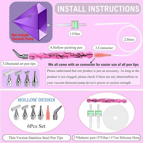 Replacement Kit for Vacuum Diamond Painting Pens, E-Painter Replacement Pen + 2 Filters + Steel Screw 1/2/4/6/Elbow Multiplacers + 1m Silicone Tube fits Most Electric Diamond Art Pen (Pink-4/6) in Saudi Arabia